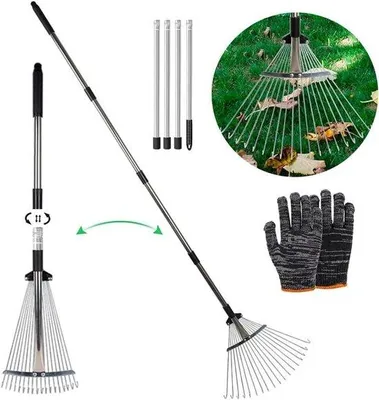 Immagine prodotto di Rastrello regolabile con manico 215 cm Rastrello a ventaglio Rastrello in metallo Rastrello in metallo con guanti Rastrello da giardino Rastrello a ventaglio per la pulizia di piante, prati e cortili