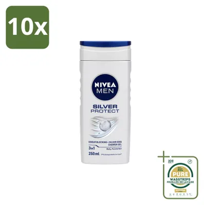 Obrázok produktu pre 10 kusov gélu na umývanie Nivea Men Silver Protect 3 v 1 – 250 ml – balenie