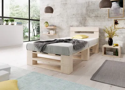 Produktbild von Lermowood Palettenbett M2 120 x 200 cm mit Kopfteil Natur Holzbett Massivholzbett Bett aus Paletten Seniorenbett Kinderbett Jugendbett