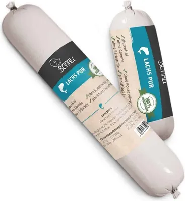Two tubes of dog food, one in the foreground and one in the background, on a white surface.