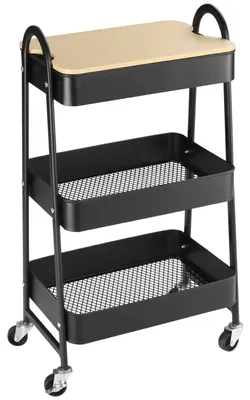 Obrázek produktu pro Servírovací vozík - Kuchyňský vozík se 3 úrovněmi - 3 ocelové koše - Odkládací deska - Vozík na kolečkách - 45 x 31 x 79,4 cm - Černá barva