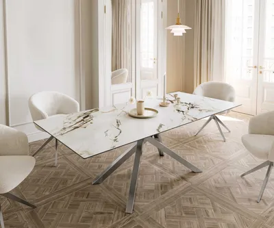 Produktbild von DELIFE Esstisch Edge 180-220x100 Keramik Calacatta Luxe Weiß-Gold-Grau Kreuzgestell Rechteck Edelstahl ausziehbar