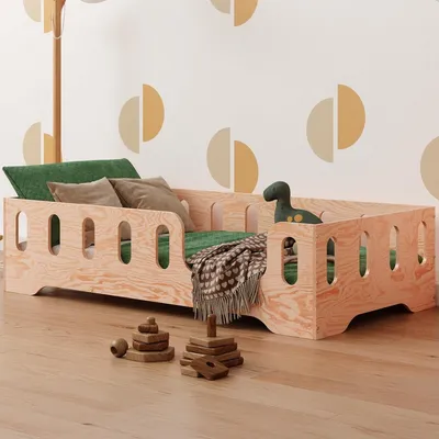 Produktbild von Kinderbett – Montessori-Bodenbett – Kleinkindbett – 90 x 190 cm –es Holz – Mit Absturzsicherung und Lattenrost
