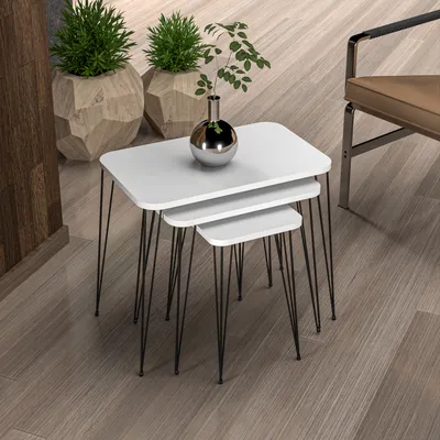 Produktbild von en.casa® Beistelltisch-Set, 3er-Set Rudkøbing, Weiß, eckig, Spanplatte/Metall mit Hairpinlegs, zeitlos, ineinanderstellbar, für Innenbereich. Maße: Klein 47x37x28cm; Mittel 51x44,5x37cm; Groß 55x60x37cm