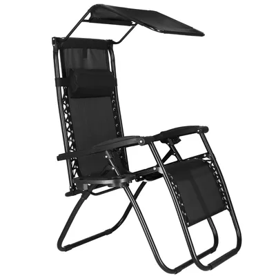 A black zero gravity chair with a sunshade, shown from a slightly angled side view against a white background.