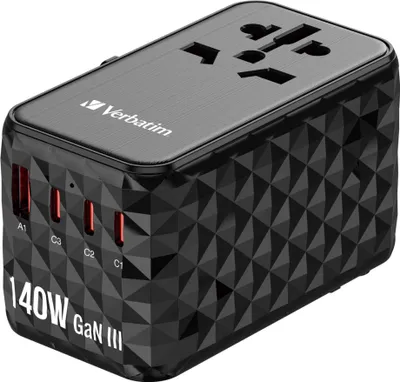 Imagen del producto de Verbatim 32125, Cargador Verbatim GAN III UTA-10, 2 puertos USB-C con carga rápida PD de 140W y 2 puertos USB-A