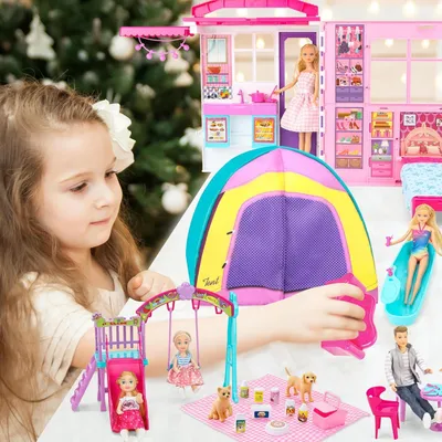 Obrázok produktu pre Skladacie domček pre bábiky 6 v 1, s viac ako 60 doplnkami, 2 malé bábiky, určené pre bábiky s výškou 29 cm