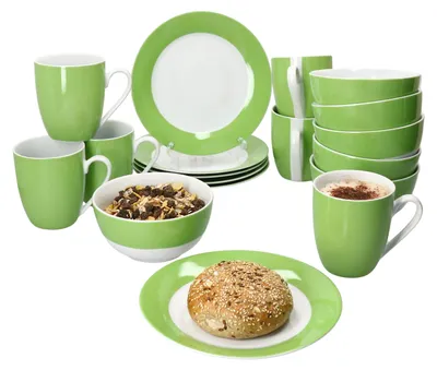 Produktbild von 18tlg Frühstücksset Variant Grün Porzellan 6 Personen Teller Schale Becher