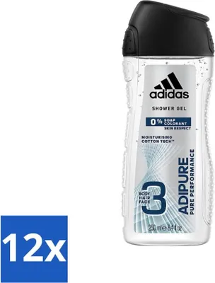 Productafbeelding van Adidas - 3-in-1 Douchegel - Adipure Pure Performance - Huidvriendelijk - 0% zeep, geen kleurstoffen - 250 ml - Voordeelverpakking - 12 stuks