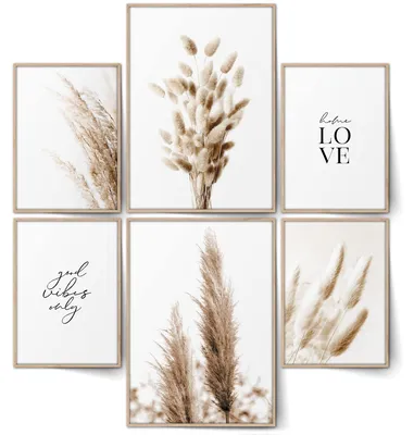 Posterset Beige Love, Pampasgras, getrocknete Blumen, Boho, 6-teilig