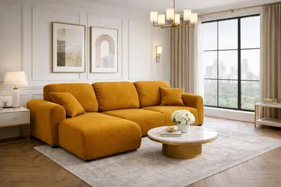 Zdjęcie produktu dla Narożnik z funkcją spania i pojemnikiem, sofa w kształcie L Bingo L, tkanina welurowa Salvador, Żółty, Lewy