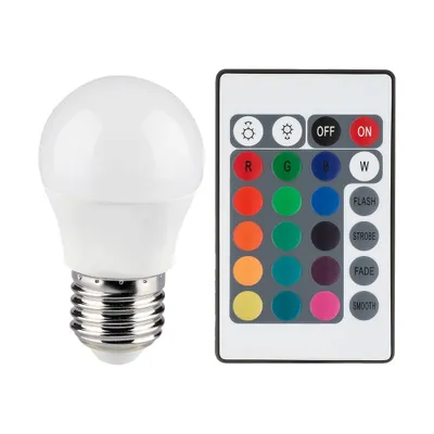 Produktbild von RGB LED 4,8 Watt Leuchtmittel E27, Fernbedienung, 470Lumen, DxH 4,5x8 cm