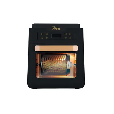 A black Ardes air fryer with a gold accent is shown against a white background. The interior of the air fryer is visible, showing a rotating basket filled with food.