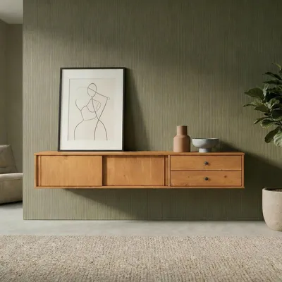 Produktbild von Lowboard SIMONA 175 cm hängend aus Massivholz, Eiche Finish - TV Schrank mit 2 Schiebetüren und Schubladen, Wohnzimmermöbel im Mid Century Style, ideal als TV Board.