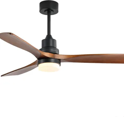 A modern ceiling fan with wooden blades and an integrated LED light.