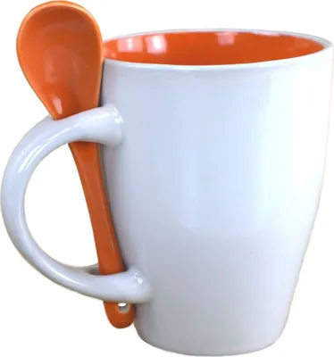 Produktbild von Kaffetasse ca. 250 ml in Orange oder Blau Tasse mit Löffel im Halter