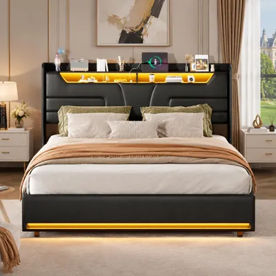 Obrázok produktu pre INONEFT Hydraulická posteľ 140 x 190 cm, posteľ pre mládež, dvojposteľ s LED osvetlením a USB portmi, čalúnená posteľ s úložným priestorom a roštom, materiál: PU, farba: čierna, bez matraca