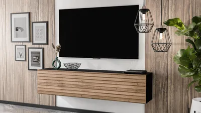 Produktbild von AX LIVING Lowboard Zivolli 160 Lamellenfront TV-Hängeschrank Schwarz/Wotan Lamellen