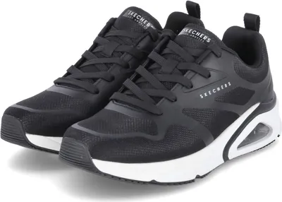 A pair of black Skechers sneakers with white soles, shown from a slightly elevated front-left angle against a white background.