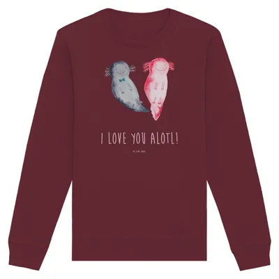 Produktbild von Mr. & Mrs. Panda Bio Baumwoll Pullover Axolotl Liebe Größe M - Burgundy - Geschenk, Hochzeitstag, Sweatshirt, Valentinstag, für Freundin, Jahrestag, Pulli, Mitbringsel