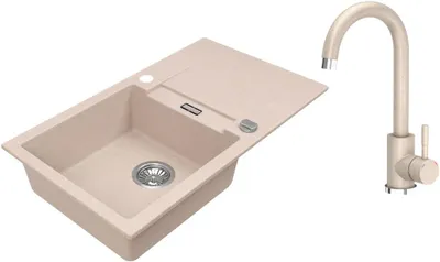 Produktbild von VBChome Granitspüle 76 x 44 cm Beige mit Armatur Einzelbecken Einbauspüle Reversibel Gesprenkelt Pflegeleichtes Spülbecken mit Siphon