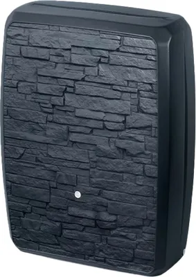 A black water butt with a stone-like texture.