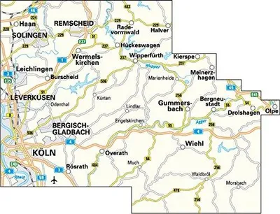 Obrázok produktu pre Cyklistická mapa BVA Cyklistika v okresoch Rheinisch-Bergisch a Oberbergisch 1:50 000, odolná voči roztrhnutiu a poveternostným vplyvom, GPS stopy na stiahnutie