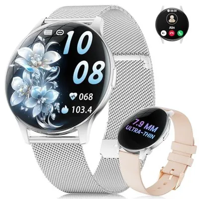 Produktbild von LIGE Smartwatch Damen Rund, 1.43" AMOLED Ultradünn Smart Watch mit Telefonfunktion, 100+ Sportmodi/Menstruationszyklus/Schlaf/IP68 Wasserdicht Fitness Tracker für iOS Android, Silber