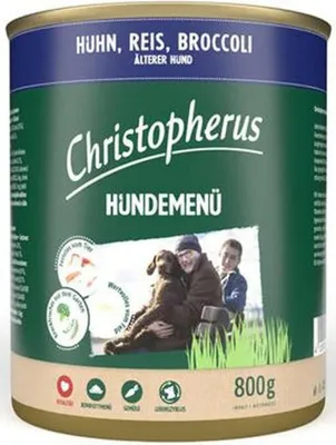Produktbild von Christopherus Hundemenü Senior mit Huhn, Reis, Broccoli 800 g, Senior, jede Rasse, Brokkoli, Huhn, Reis, 800 g, Ohne Soja