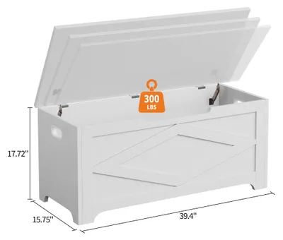 Image de Banc de rangement en bois - Banc coffre de 100 cm - Charnières de sécurité - Grand espace de rangement pour l'entrée, la chambre, le salon - Blanc