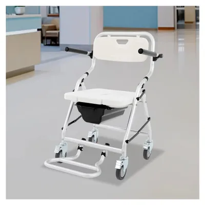 Produktbild von Toilettenstuhl für Senioren, 3-in-1 klappbarer Duschstuhl mit Rollen, Armlehnen, Fußstütze und abnehmbarem Toiletteneimer, Tragfähigkeit bis 150 kg