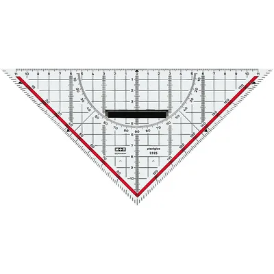 Image de Équerre M+R, 25 cm, transparente, échelle à fond rouge, 180° - 1°, ligne à 45°, angles marqués 7°, 42°, 75°