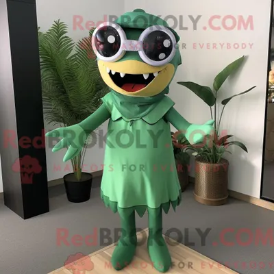 Produktbild von Maskottchenkostüm REDBROKOLY Grüner Hai mit Etuikleid und Brille