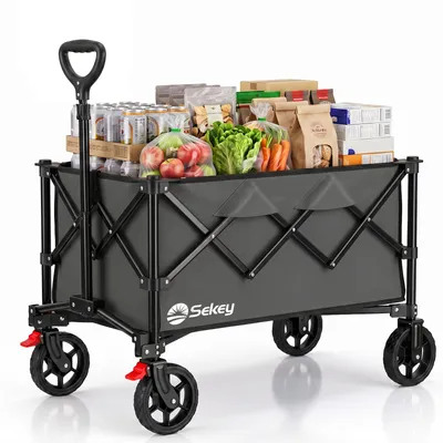 Produktbild von Sekey Bollerwagen faltbar 150 kg mit Bremsen, klappbarer Handwagen für Garten und Ausflug, Anthrazit