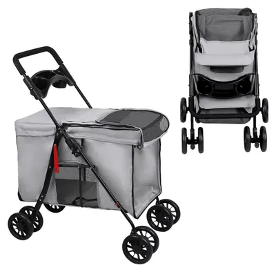 Produktbild von Haustierbuggy - Zusammenklappbar - Tragkraft 20 kg - Atmungsaktives Netzfenster - 300D-Oxfordstoff mit Stahlrahmen - 95 × 75 × 49 cm - Grau