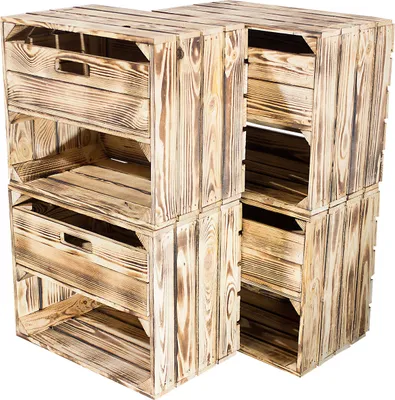 Two stacks of wooden crates, one stack of two and another stack of three, are shown against a white background.
