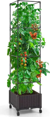 Image de COSTWAY Treillis réglable en hauteur sur roulettes, treillis avec bac à fleurs & auto-arrosage 40x40x170cm