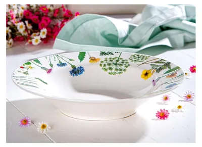 Produktbild von Suppenteller Wildblumen, Porzellan, weiß, rund, 23 cm Durchmesser, Blumendesign und Schmetterlingsmotiv, Tischgeschirr, Essgeschirr, Küchengeschirr