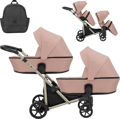 Immagine prodotto di Carrozzina doppia Kunert BRAV DUO 2in1 rosa con ruote gialle e telaio color champagne
