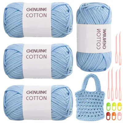Image de Fil à crocheter bleu clair, lot de 4 pelotes, composition coton-nylon, 80 mètres par pelote, idéal pour les débutants, avec accessoires