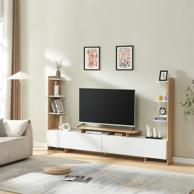 Zdjęcie produktu dla Szafka pod TV 'Rauki' z bocznymi półkami 233 x 31 x 141 cm biały/dąb