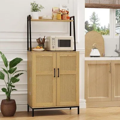 Produktbild von Famanu Küchenschrank mit Rattan Türen und verstellbaren Regalen - Mikrowellenstand - Natur