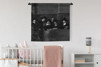 Produktbild von MuchoWow® Wandteppich Wandbehang Die Stahlmeister - Gemälde von Rembrandt van Rijn - schwarz-weiß 90x90 cm Tapisserie Dekoration Wandtuch - Wandaufhänger