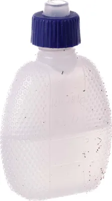 A small, translucent plastic bottle with a blue cap.