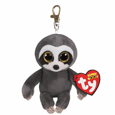 A plush sloth keychain with large glittery eyes and a red heart-shaped Ty tag.