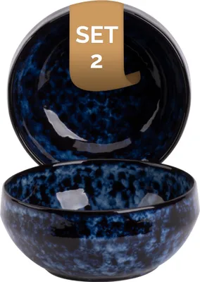 Produktbild von 2 x palmer Bama Blue Schalen Set, Steingut, Ø 15 cm, Inhalt 0,65 L, blau schwarz gesprenkelt, Hochglanz, moderne Ausstrahlung, für Dessert, Müsli oder als Snackschale, stapelbar, spülmaschinenfest