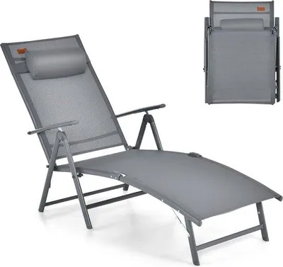 Produktbild von Famanu Liegestuhl mit Kopfstütze, 7 verstellbaren Rückenlehnen, klappbar bis 150 kg, tragbar für Garten, Balkon (grau)