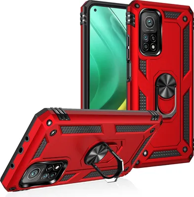 Obrázek produktu pro Pouzdro pro Xiaomi Mi 10T / Mi 10T Pro dvouvrstvé robustní, vojenská ochrana pouzdro s držákem prstenu a stojánkem červené