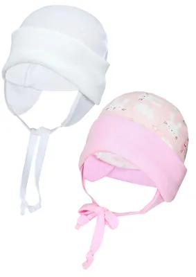 Produktbild von TupTam Baby Erstlingsmütze mit Ohrenklappen 2er Pack, Farbe: Kaninchen Rosa / Weiß, Größe: 50-56
