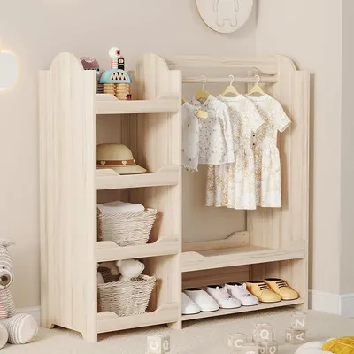 Produktbild von Kinderkleiderschrank, Aufbewahrung für Kinderzimmer, Naturholz, 110x39x110 cm, für Spielzimmer und Kindergarten
